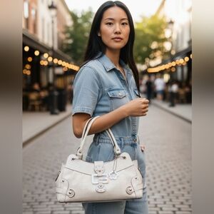 GUESS Y2K Cream Croc Embossed Buckle Satchel Shoulder Bag #9637 Studded Vintage